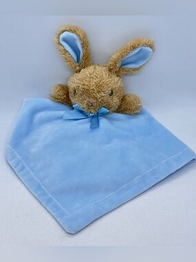 Dan Dee Brown Bunny Blue Lovey Security Blanket Bow Embroidered Eyes 13”x13" MTY